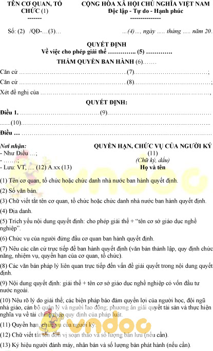 Mẫu quyết định giải thể cơ sở giáo dục nghề nghiệp có vốn đầu tư nước ngoài