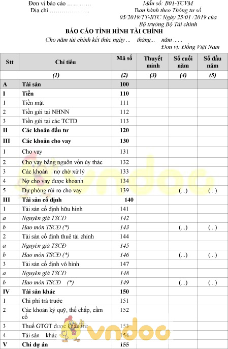 Mẫu số B01-TCVM: Báo cáo tình hình tài chính