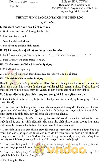 Mẫu số B09a-TCVM: Thuyết minh báo cáo tài chính chọn lọc