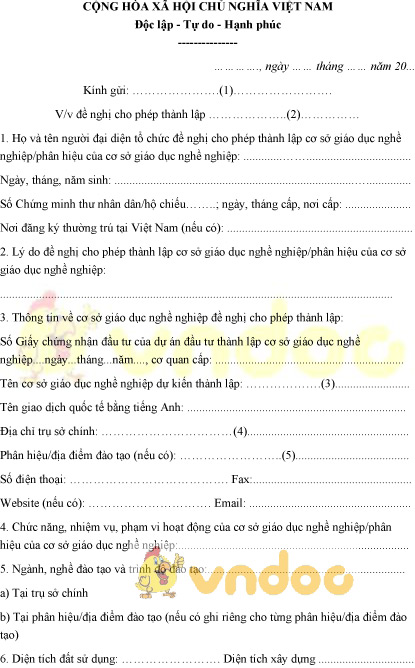 Mẫu văn bản đề nghị thành lập cơ sở giáo dục nghề nghiệp có vốn đầu tư nước ngoài
