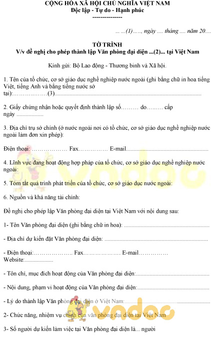 Mẫu văn bản đề nghị thành lập Văn phòng đại diện của cơ sở giáo dục nước ngoài