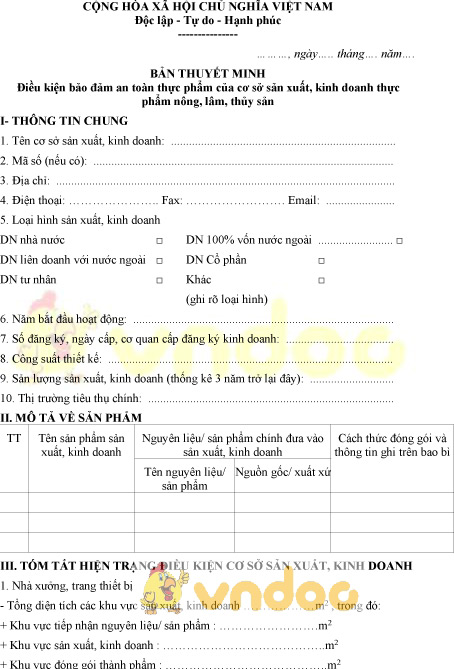 Mẫu bản thuyết minh điều kiện bảo đảm an toàn thực phẩm