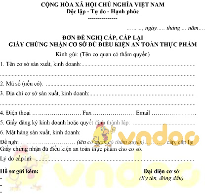 Mẫu đơn đề nghị cấp, cấp lại GCN cơ sở đủ điều kiện an toàn thực phẩm