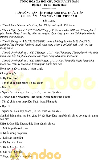 Mẫu hợp đồng bán tín phiếu kho bạc trực tiếp