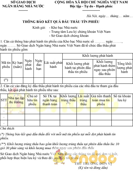 Mẫu thông báo kết quả đấu thầu tín phiếu