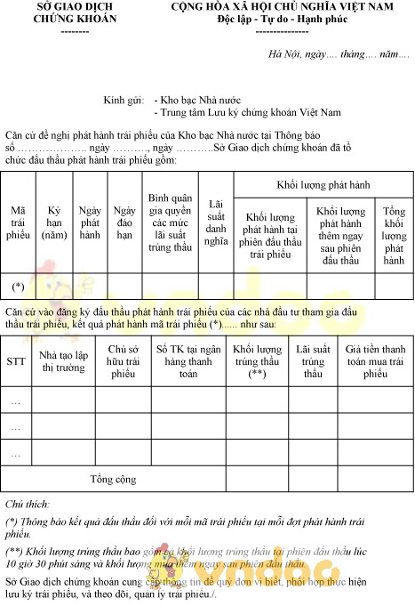 Mẫu thông báo kết quả đấu thầu trái phiếu