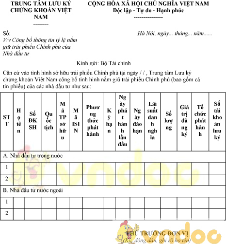 Mẫu công bố thông tin tỷ lệ nắm giữ trái phiếu Chính phủ của Nhà đầu tư