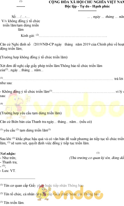 Mẫu thông báo không đồng ý tổ chức triển lãm, tạm dừng triển lãm