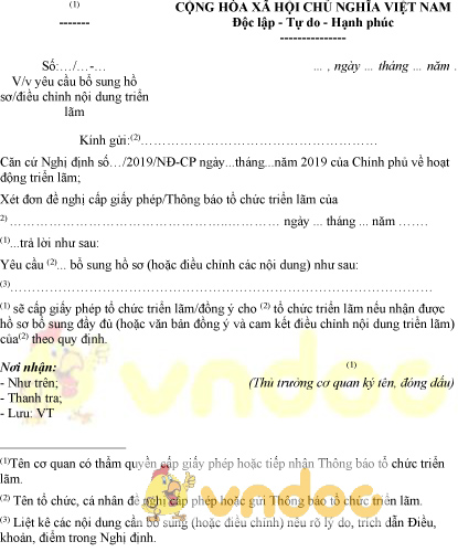 Mẫu thông báo yêu cầu bổ sung hồ sơ, điều chỉnh nội dung triển lãm