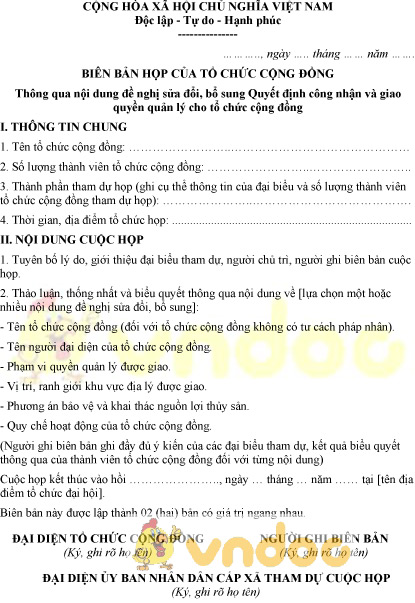 Mẫu số 05.BT: Biên bản họp của tổ chức cộng đồng đề nghị sửa đổi nội dung giao quyền quản lý