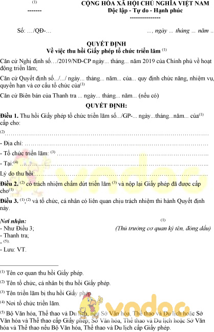 Mẫu quyết định thu hồi giấy phép tổ chức triển lãm