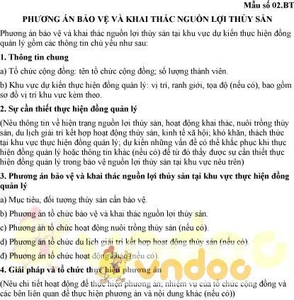 Mẫu số 02.BT: Phương án bảo vệ và khai thác nguồn thủy sản