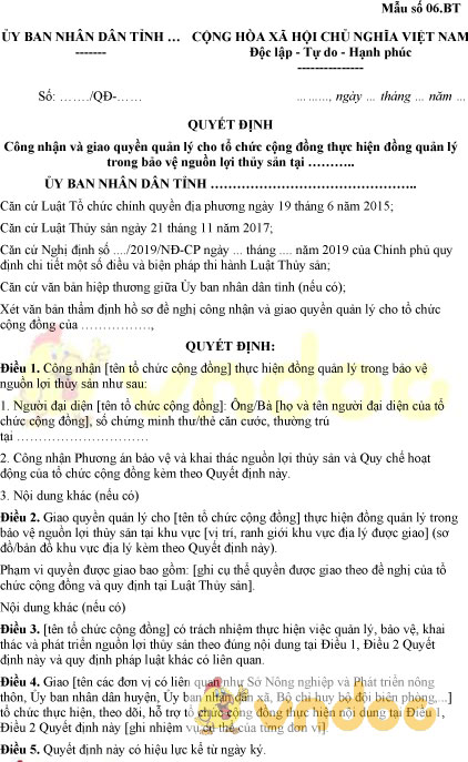 Mẫu số 06.BT: Quyết định công nhận và giao quyền quản lý cho tổ chức cộng đồng