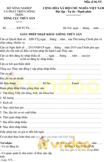 Mẫu số 06.NT: Giấy phép nhập khẩu giống thủy sản
