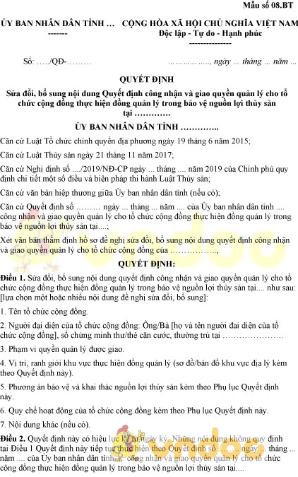 Mẫu số 08.BT: Quyết định sửa đổi, bổ sung quyết định công nhận và giao quyền quản lý