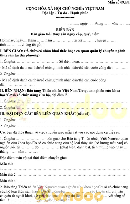 Mẫu số 09.BT: Biên bản bàn giao loài thủy sản nguy cấp, quý, hiếm