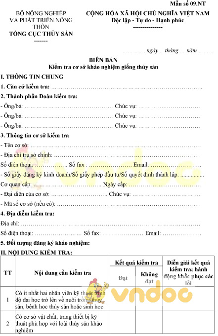 Mẫu số 09.NT: Biên bản kiểm tra cơ sở khảo nghiệm giống thủy sản