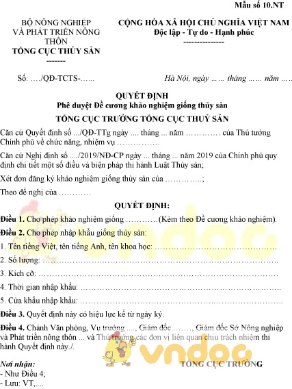Mẫu số 10.NT: Quyết định phê duyệt đề cương khảo nghiệm giống thủy sản