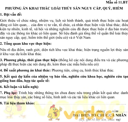 Mẫu số 11.BT: Phương án khai thác loài thủy sản nguy cấp, quý, hiếm