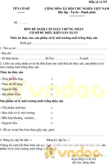 Mẫu số 11.NT: Đơn đề nghị cấp GCN cơ sở đủ điều kiện sản xuất thức ăn thủy sản