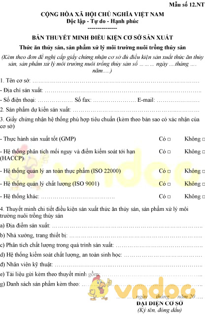 Mẫu số 12.NT: Bản thuyết minh điều kiện cơ sở sản xuất thức ăn thủy sản