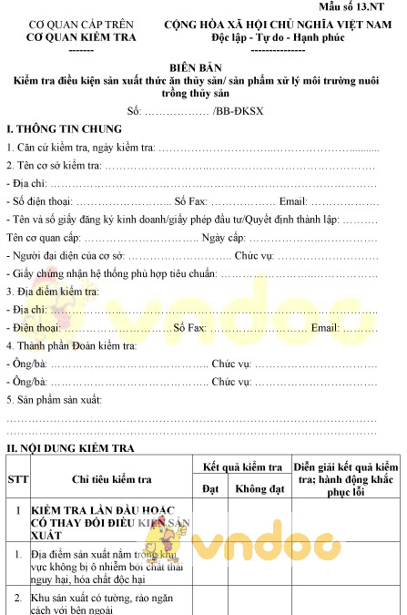 Mẫu số 13.NT: Biên bản kiểm tra điều kiện sản xuất thức ăn thủy sản