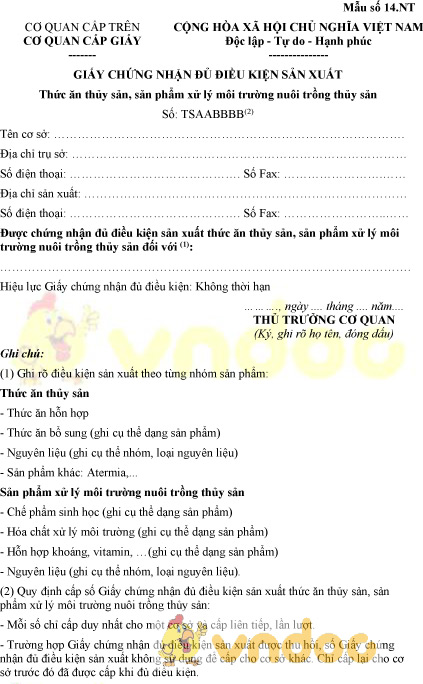 Mẫu số 14.NT: Giấy chứng nhận đủ điều kiện sản xuất thức ăn thủy sản