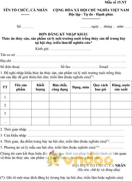 Mẫu số 15.NT: Đơn đăng ký nhập khẩu thức ăn thủy sản