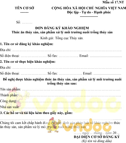 Mẫu số 17.NT: Đơn đăng ký khảo nghiệm thức ăn thủy sản