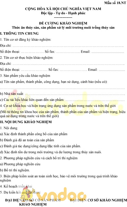 Mẫu số 18.NT: Đề cương khảo nghiệm thức ăn thủy sản