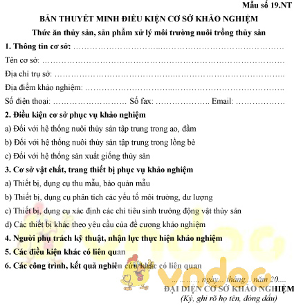 Mẫu số 19.NT: Bản thuyết minh điều kiện cơ sở khảo nghiệm thức ăn thủy sản