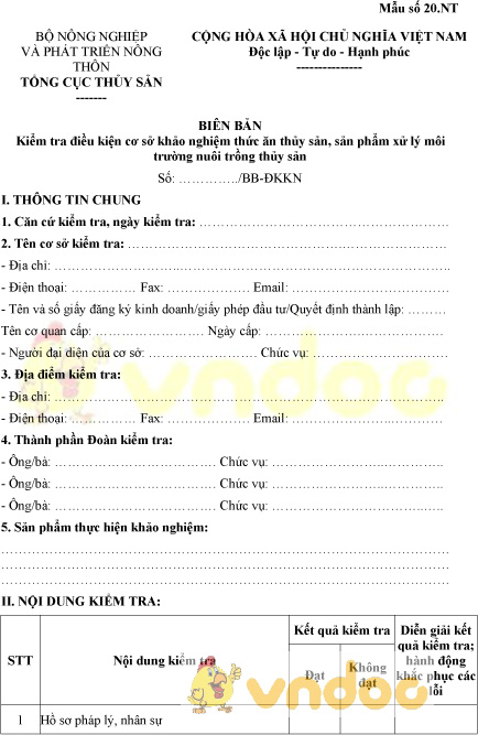 Mẫu số 20.NT: Biên bản kiểm tra điều kiện cơ sở khảo nghiệm thức ăn thủy sản