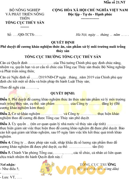 Mẫu số 21.NT: Quyết định phê duyệt đề cương khảo nghiệm thức ăn