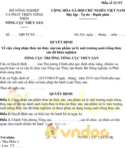 Mẫu số 22.NT: Quyết định công nhận thức ăn thủy sản đã khảo nghiệm