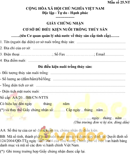 Mẫu số 25.NT: Giấy chứng nhận cơ sở đủ điều kiện nuôi trồng thủy sản