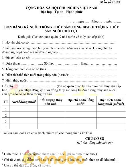 Mẫu số 26.NT: Đơn đăng ký nuôi trồng thủy sản lồng bè
