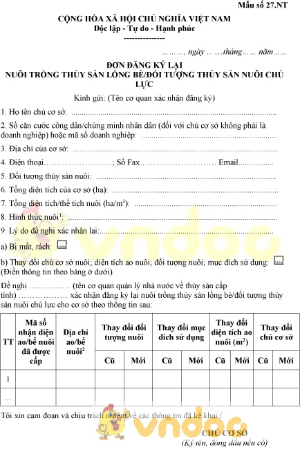 Mẫu số 27.NT: Đơn đăng ký lại nuôi trồng thủy sản lồng bè