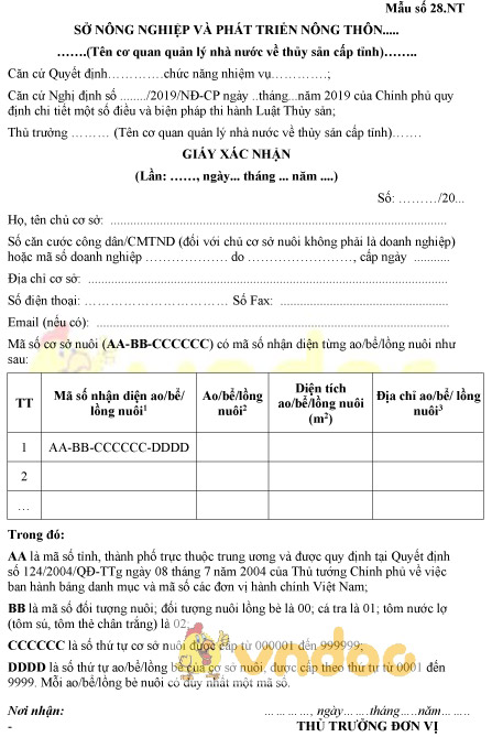 Mẫu số 28.NT: Giấy xác nhận nuôi trồng thủy sản lồng bè