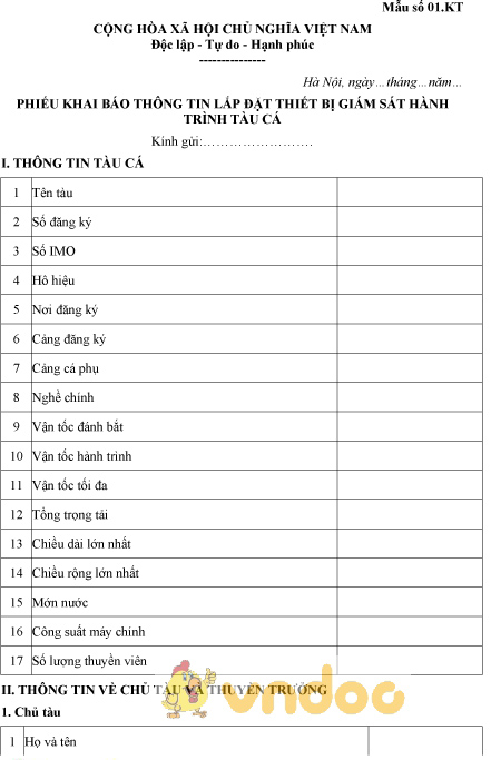 Mẫu số 01.KT: Phiếu khai báo thông tin lắp đặt thiết bị giám sát hành trình tàu cá