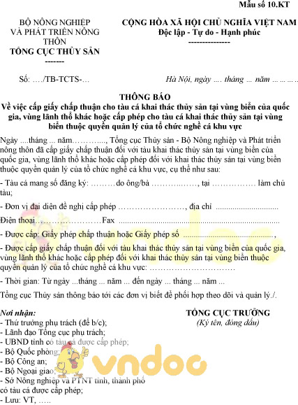 Mẫu số 10.KT: Thông báo cấp giấy chấp thuận cho tàu cá khai thác thủy sản