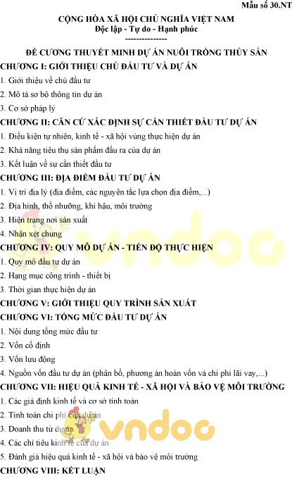 Mẫu số 30.NT: Đề cương thuyết minh dự án nuôi trồng thủy sản