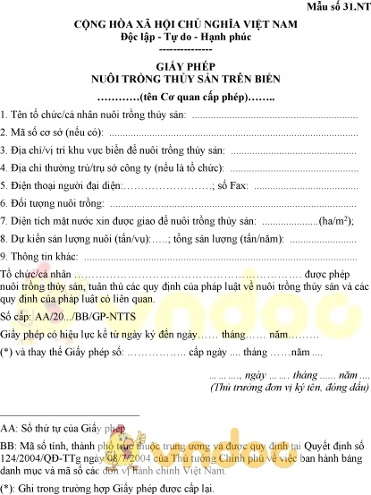 Mẫu số 31.NT: Giấy phép nuôi trồng thủy sản trên biển