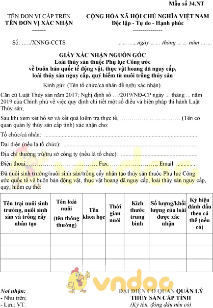 Mẫu số 34.NT: Giấy xác nhận nguồn gốc loài thủy sản