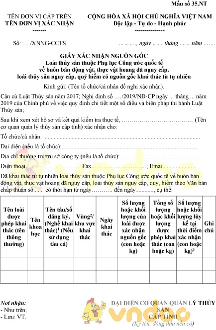 Mẫu số 35.NT: Giấy xác nhận nguồn gốc loài thủy sản