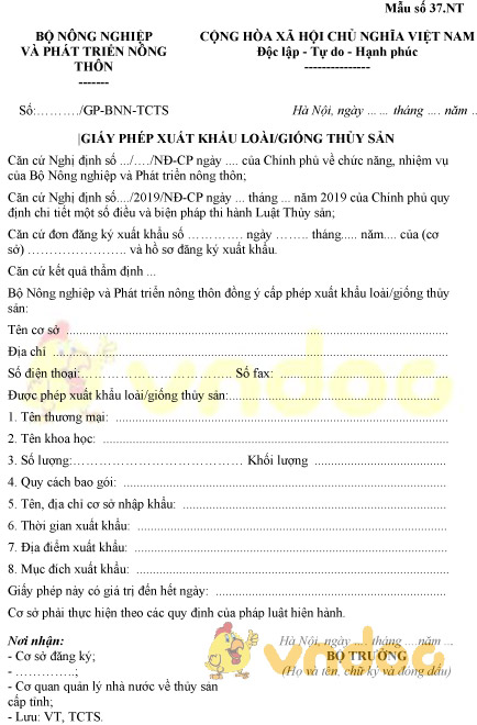 Mẫu số 37.NT: Giấy phép xuất khẩu loài, giống thủy sản