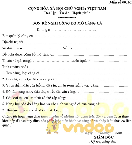 Mẫu số 09.TC: Đơn đề nghị công bố mở cảng cá
