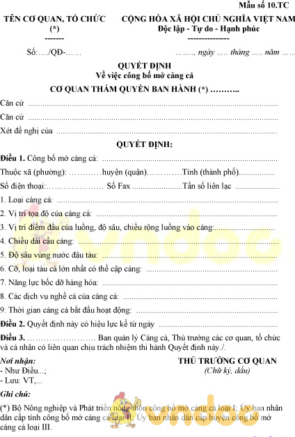 Mẫu số 10.TC: Quyết định công bố mở cảng cá