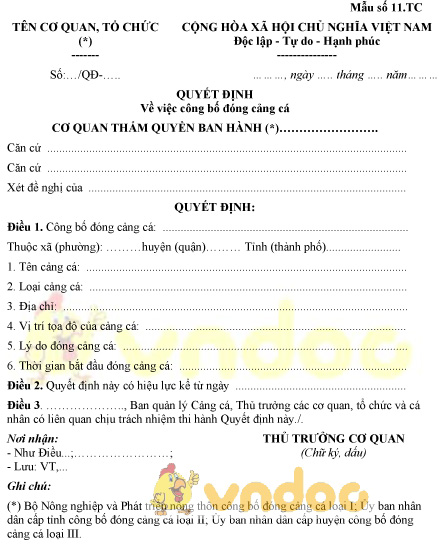 Mẫu số 11.TC: Quyết định công bố đóng cảng cá