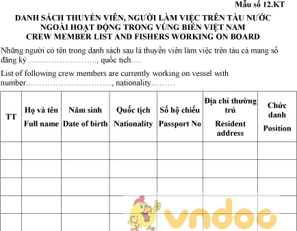 Mẫu số 12.KT: Danh sách thuyền viên, người làm việc trên tàu nước ngoài