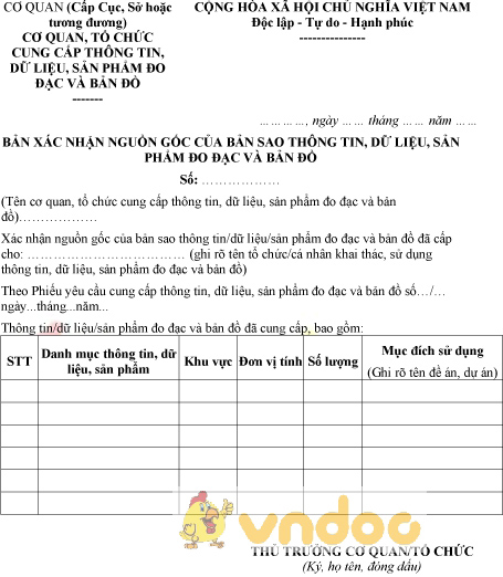 Mẫu bản xác nhận nguồn gốc của bản sao thông tin, dữ liệu, sản phẩm đo đạc và bản đồ